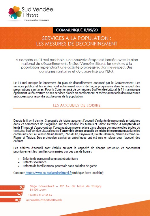 LES MESURES DE DECONFINEMENT - SUD VENDEE LITTORAL  - Communiqué du 11/05/2020